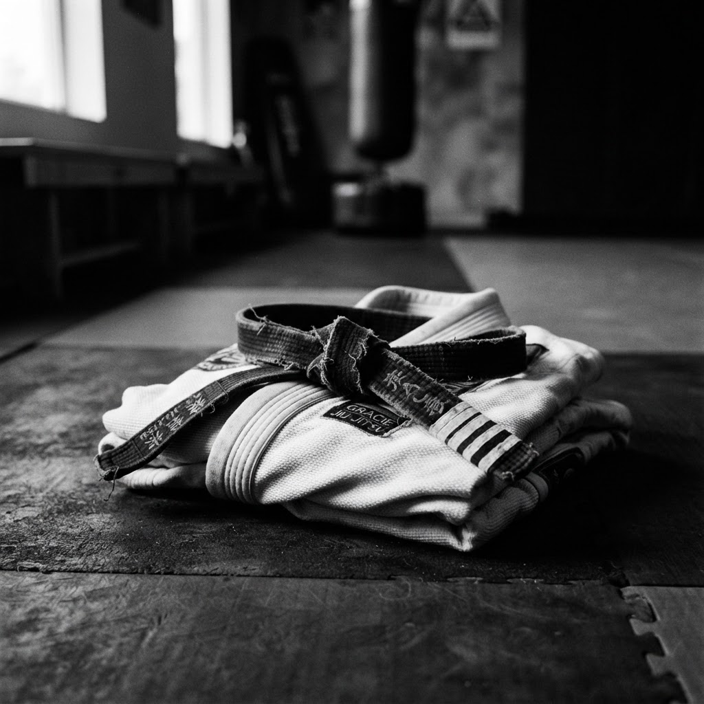 A folded Brazilian Jiu-Jitsu gi with a black belt resting on top